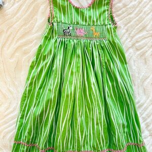 Vibrant Green Kids Dress with Animal Smocking